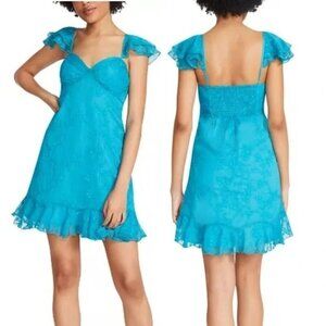 Betsey Johnson XL Blue Floral Chiffon Flowy Fairy Mini Babydoll Peplum Dress